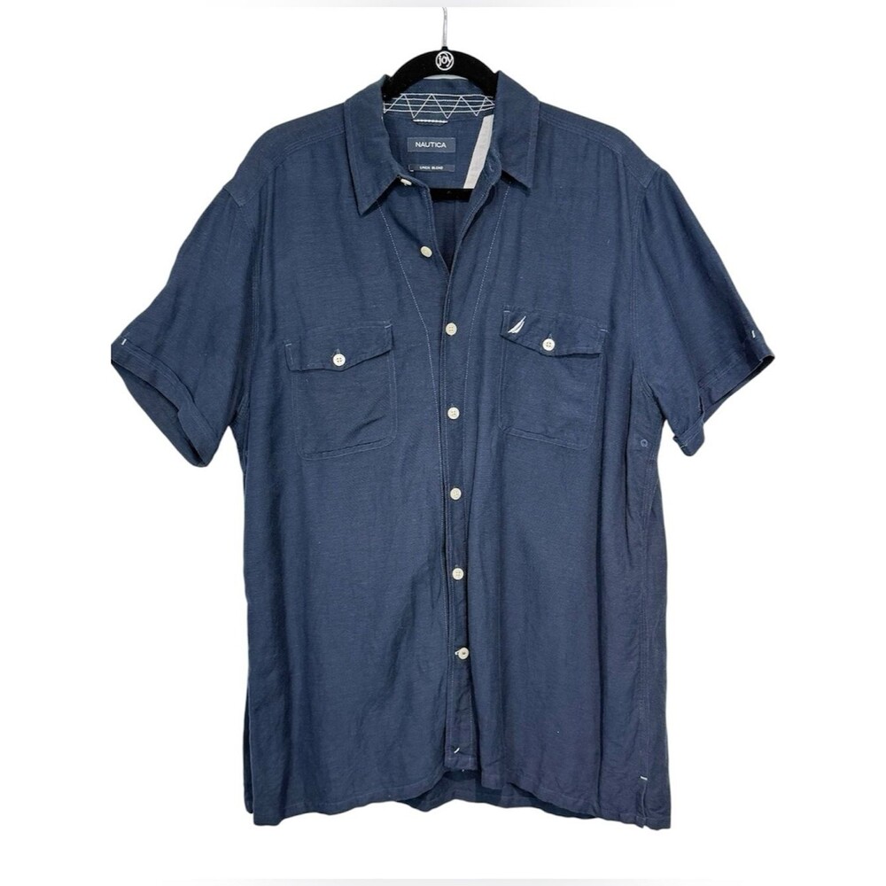 Nautica Linen Blend Shirt Mens Large Navy Short Sleeve Coastal Resort